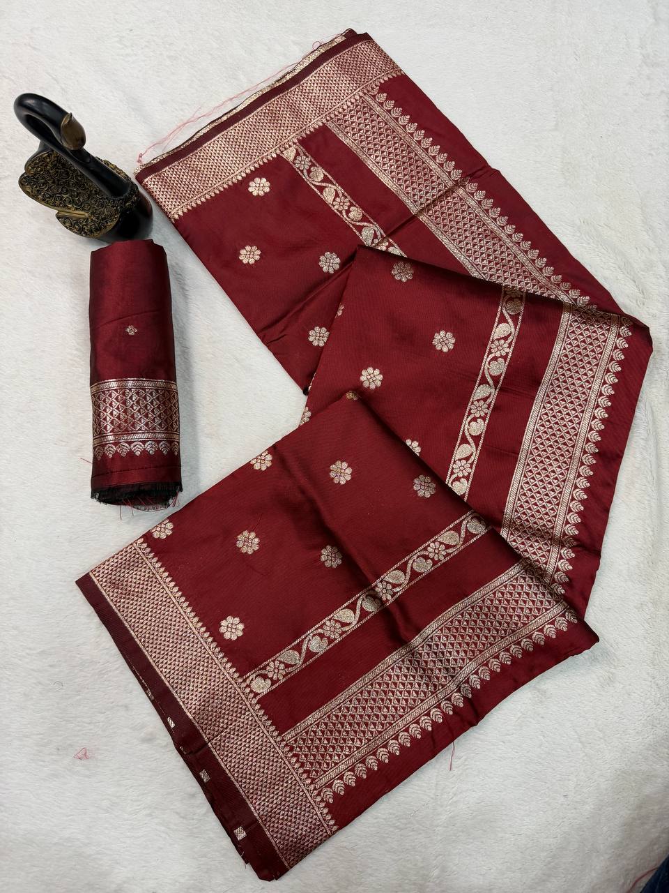 Regal Maroon Banarasi Silk Saree with Antique Gold Zari Buttas & Traditional Heritage Border