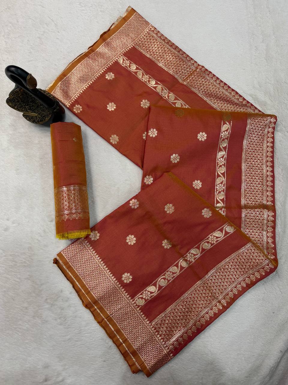 Royal Rust Brown Banarasi Silk Saree with Antique Gold Zari Buttas & Traditional Woven Border