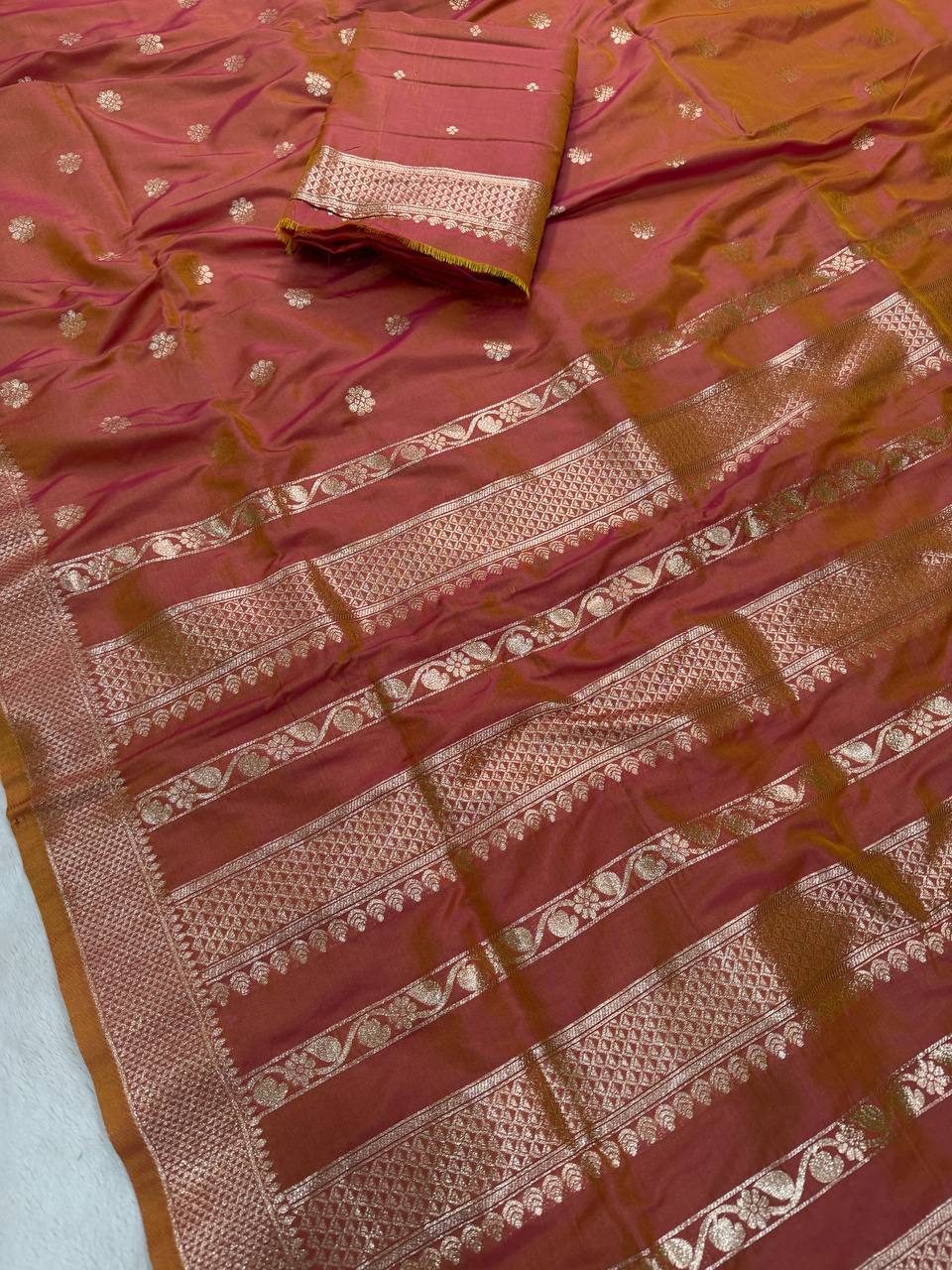 Royal Rust Brown Banarasi Silk Saree with Antique Gold Zari Buttas & Traditional Woven Border