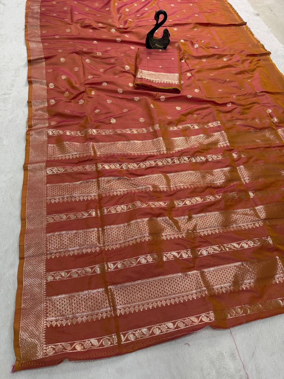 Royal Rust Brown Banarasi Silk Saree with Antique Gold Zari Buttas & Traditional Woven Border