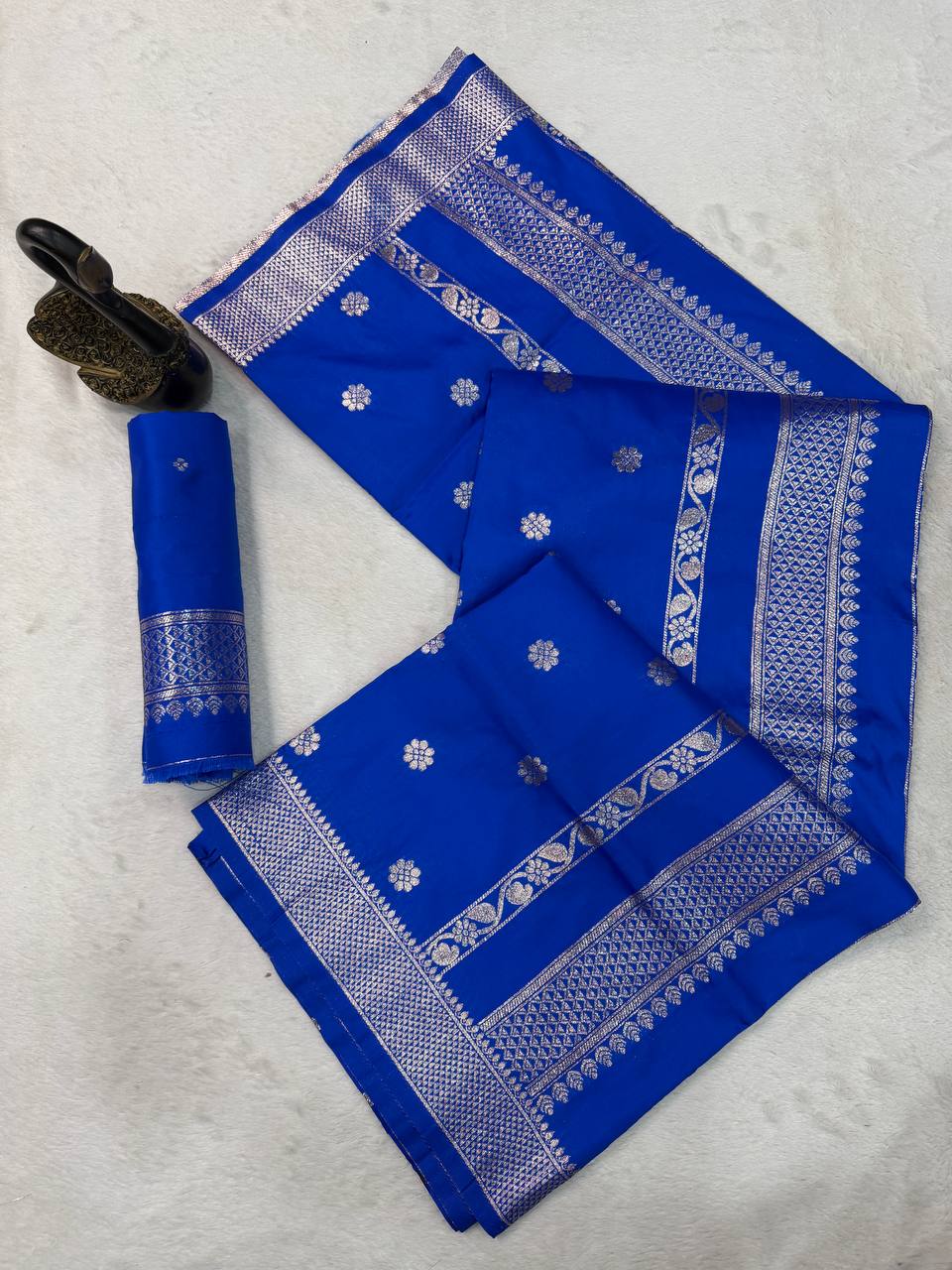 Regal Royal Blue Banarasi Silk Saree with Silver Zari Buttas & Heritage Woven Border
