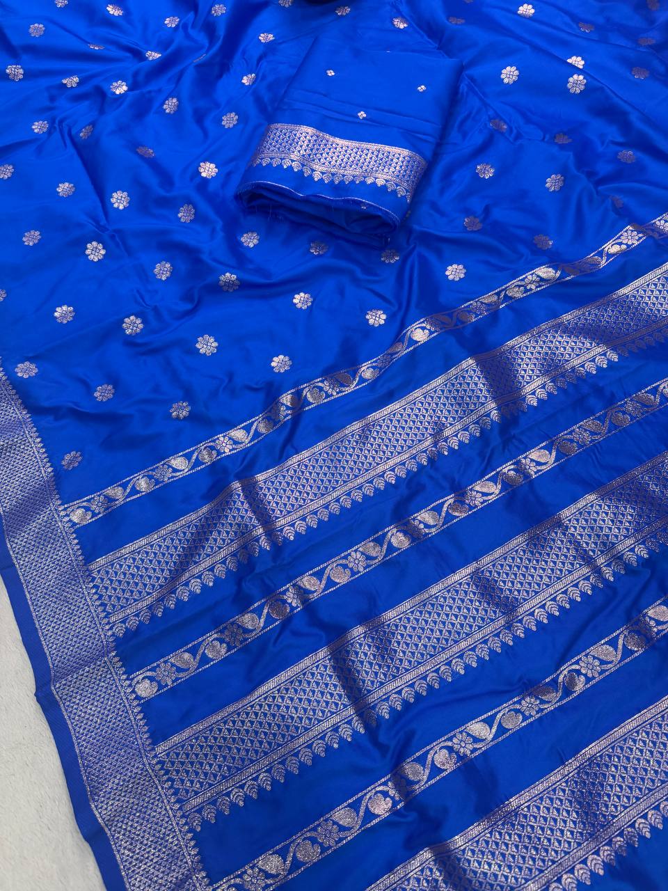 Regal Royal Blue Banarasi Silk Saree with Silver Zari Buttas & Heritage Woven Border