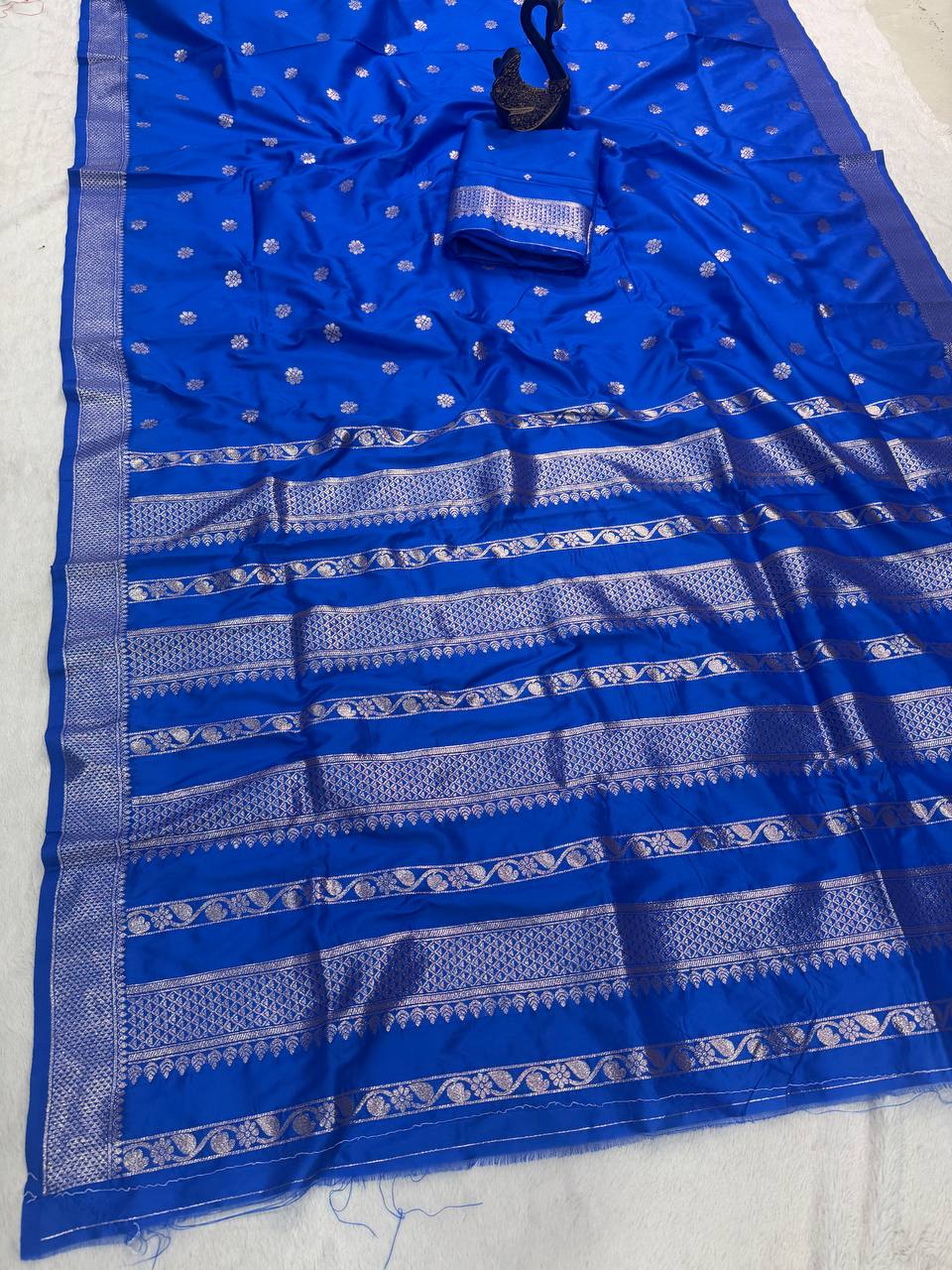Regal Royal Blue Banarasi Silk Saree with Silver Zari Buttas & Heritage Woven Border