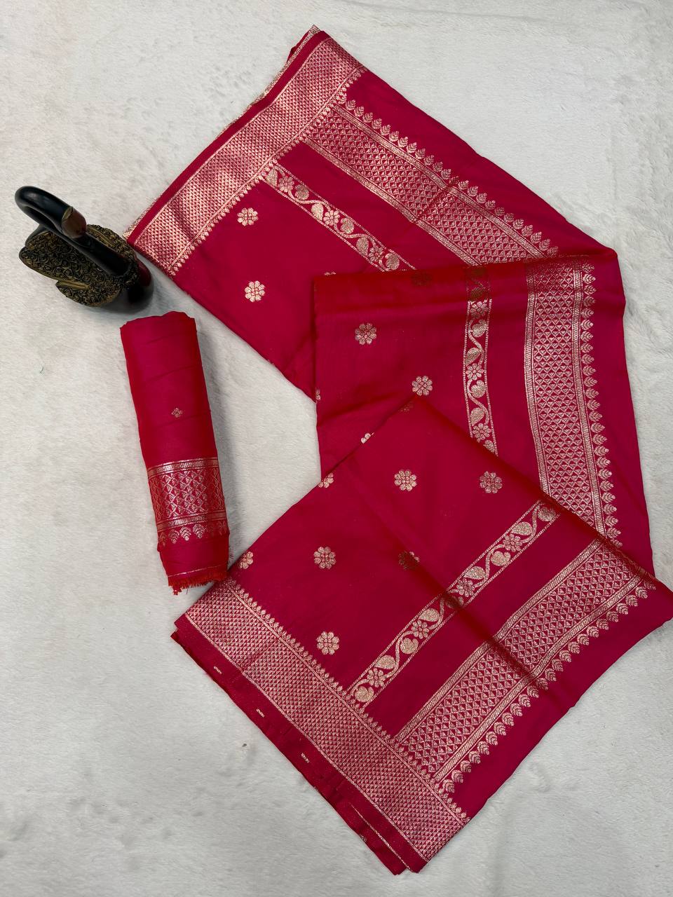 Royal Rani Pink Banarasi Silk Saree with Silver Zari Floral Buttas & Classic Heritage Border