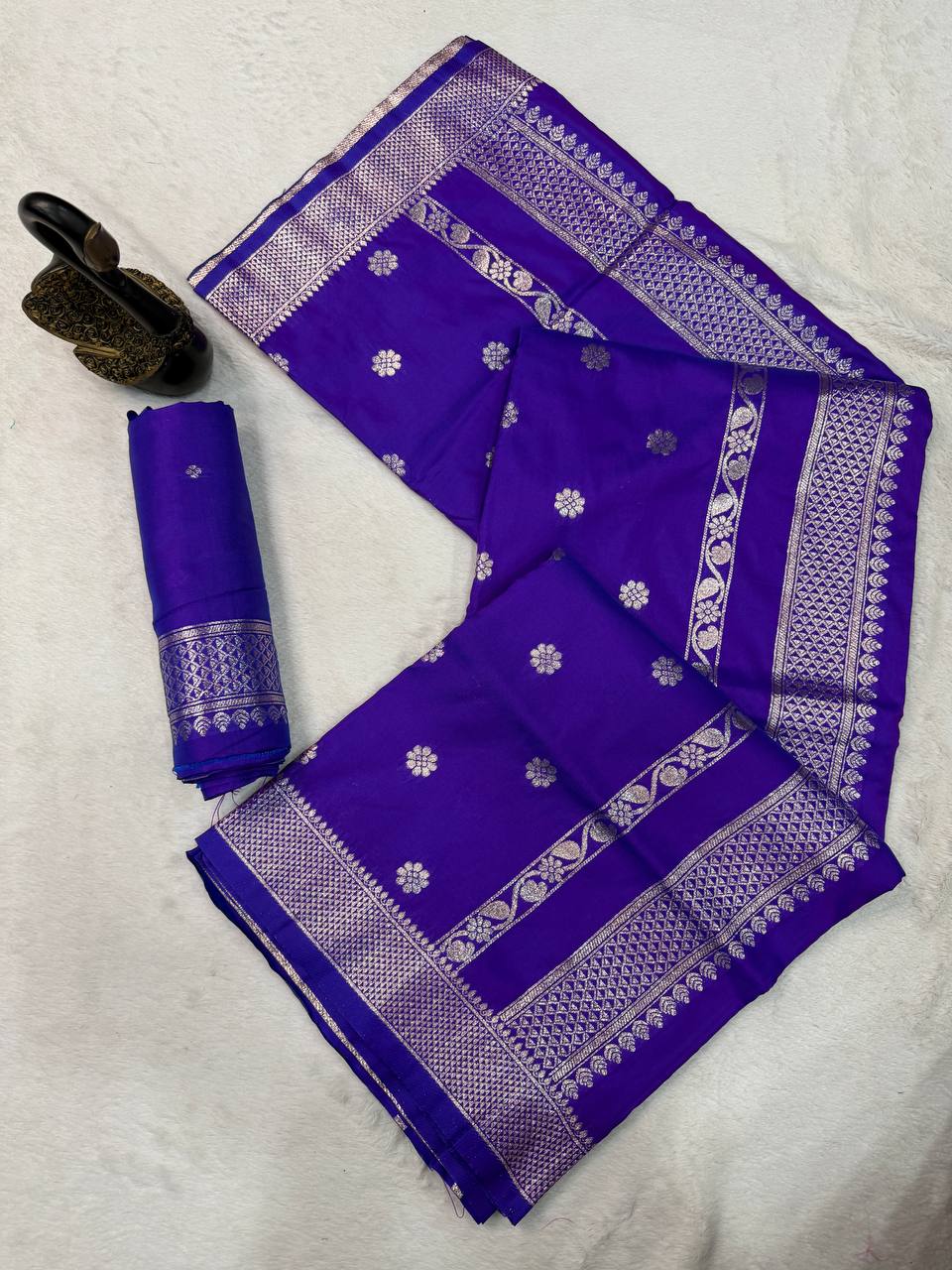 Royal Sapphire Blue Banarasi Silk Saree with Silver Zari Floral Buttas & Traditional Heritage Border