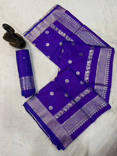 Royal Sapphire Blue Banarasi Silk Saree with Silver Zari Floral Buttas & Traditional Heritage Border