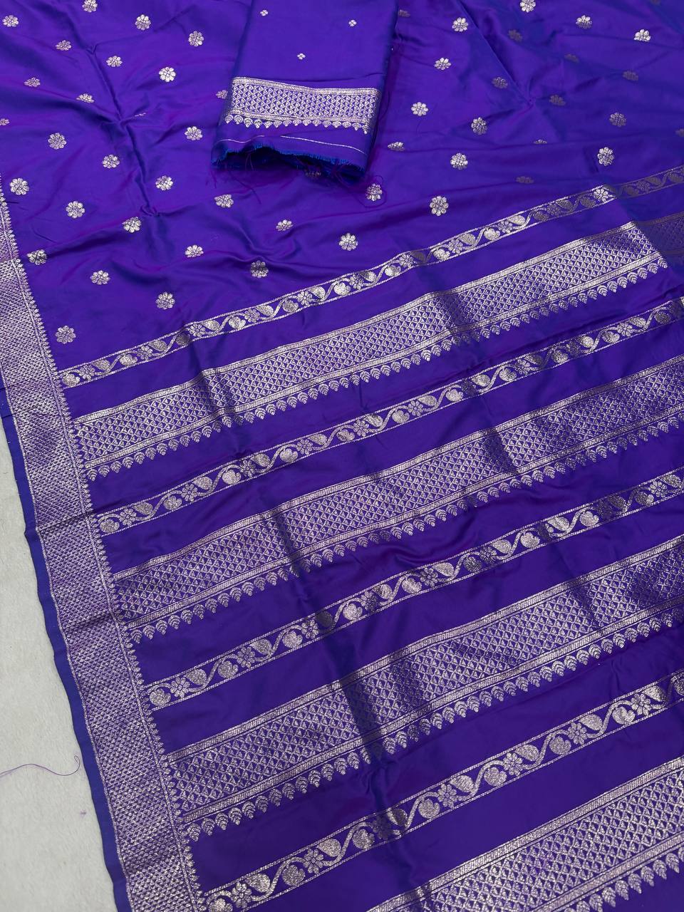 Royal Sapphire Blue Banarasi Silk Saree with Silver Zari Floral Buttas & Traditional Heritage Border
