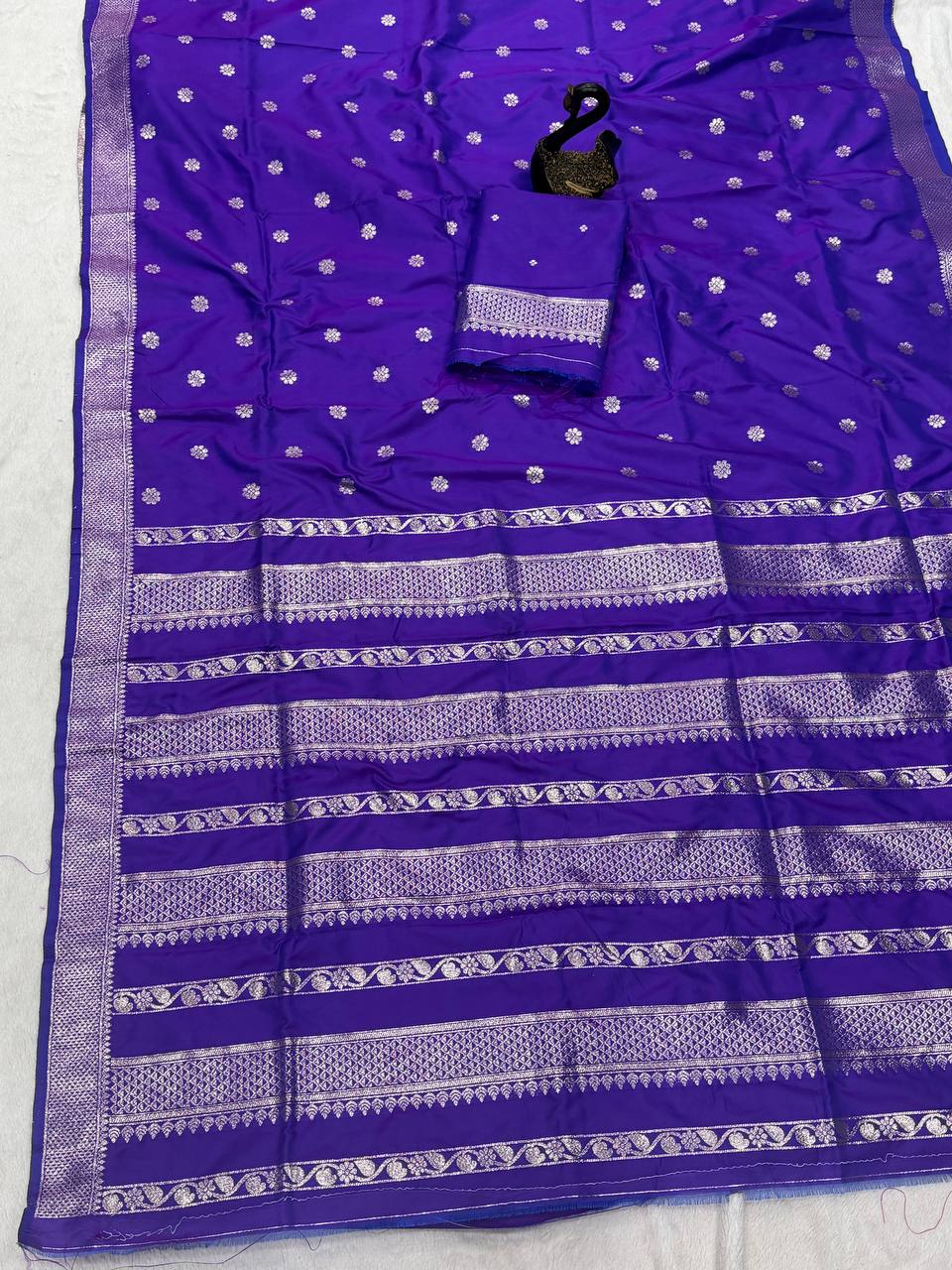 Royal Sapphire Blue Banarasi Silk Saree with Silver Zari Floral Buttas & Traditional Heritage Border