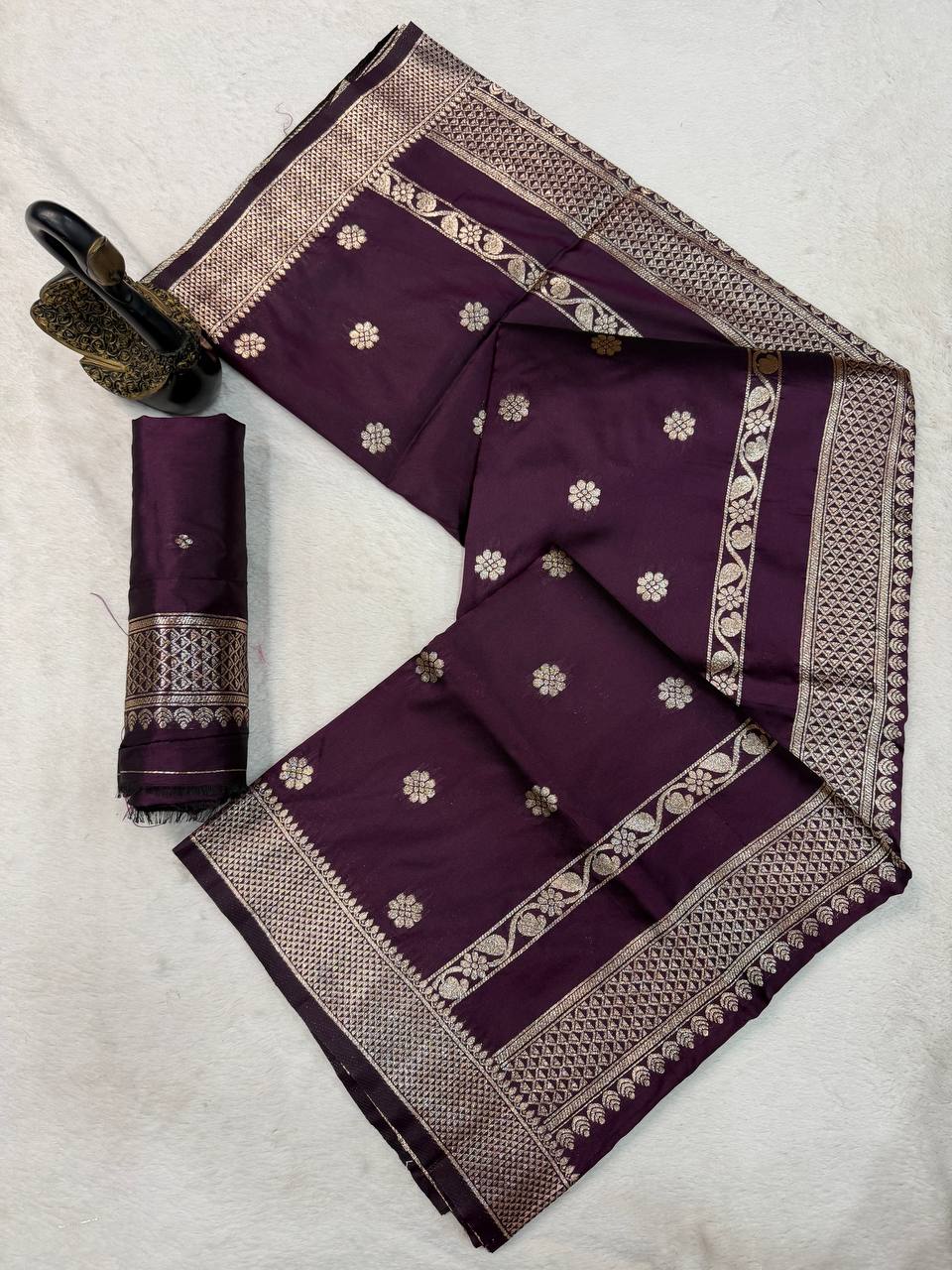 Royal Plum Banarasi Silk Saree with Antique Silver Zari Floral Buttas & Heritage Woven Border