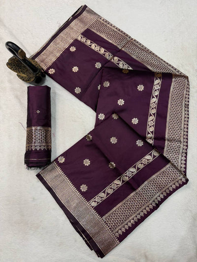 Royal Plum Banarasi Silk Saree with Antique Silver Zari Floral Buttas & Heritage Woven Border