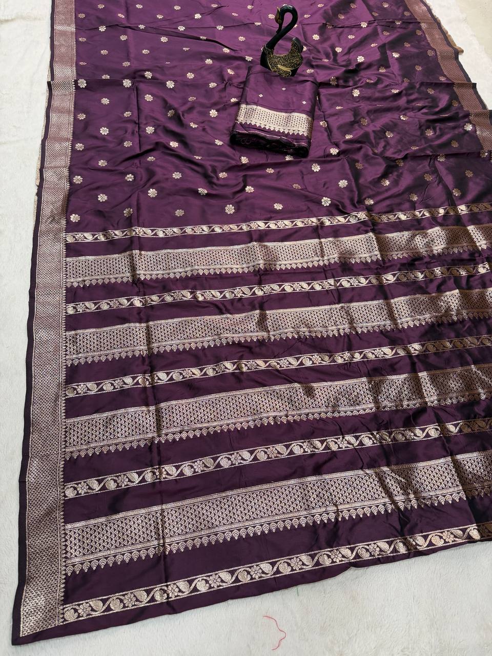 Royal Plum Banarasi Silk Saree with Antique Silver Zari Floral Buttas & Heritage Woven Border