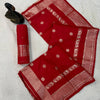 Classic Crimson Red Banarasi Silk Saree with Antique Silver Zari Floral Buttas & Royal Woven Border
