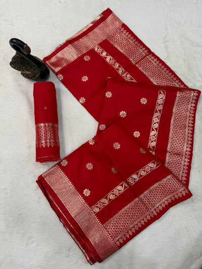 Classic Crimson Red Banarasi Silk Saree with Antique Silver Zari Floral Buttas & Royal Woven Border