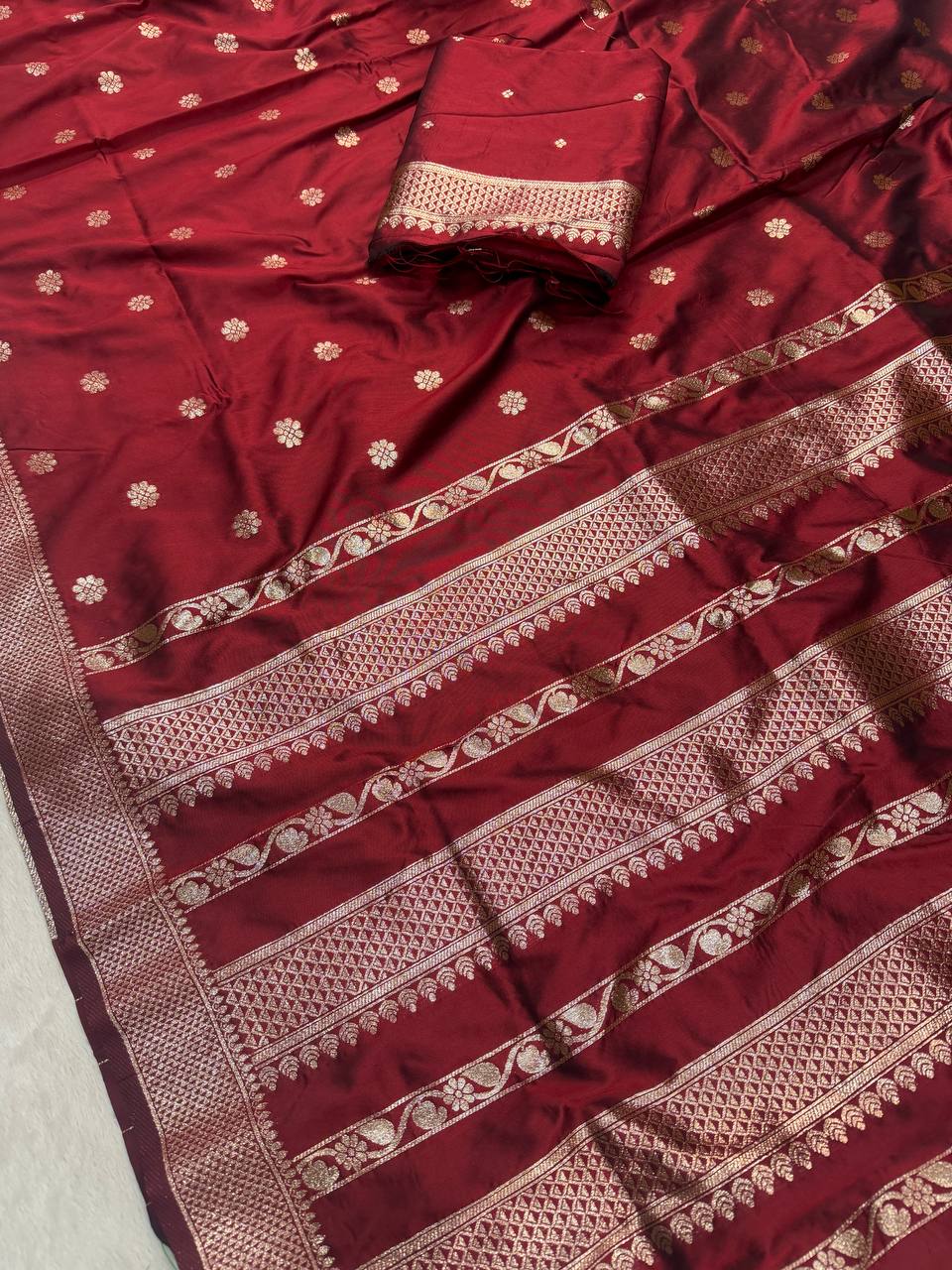 Classic Crimson Red Banarasi Silk Saree with Antique Silver Zari Floral Buttas & Royal Woven Border