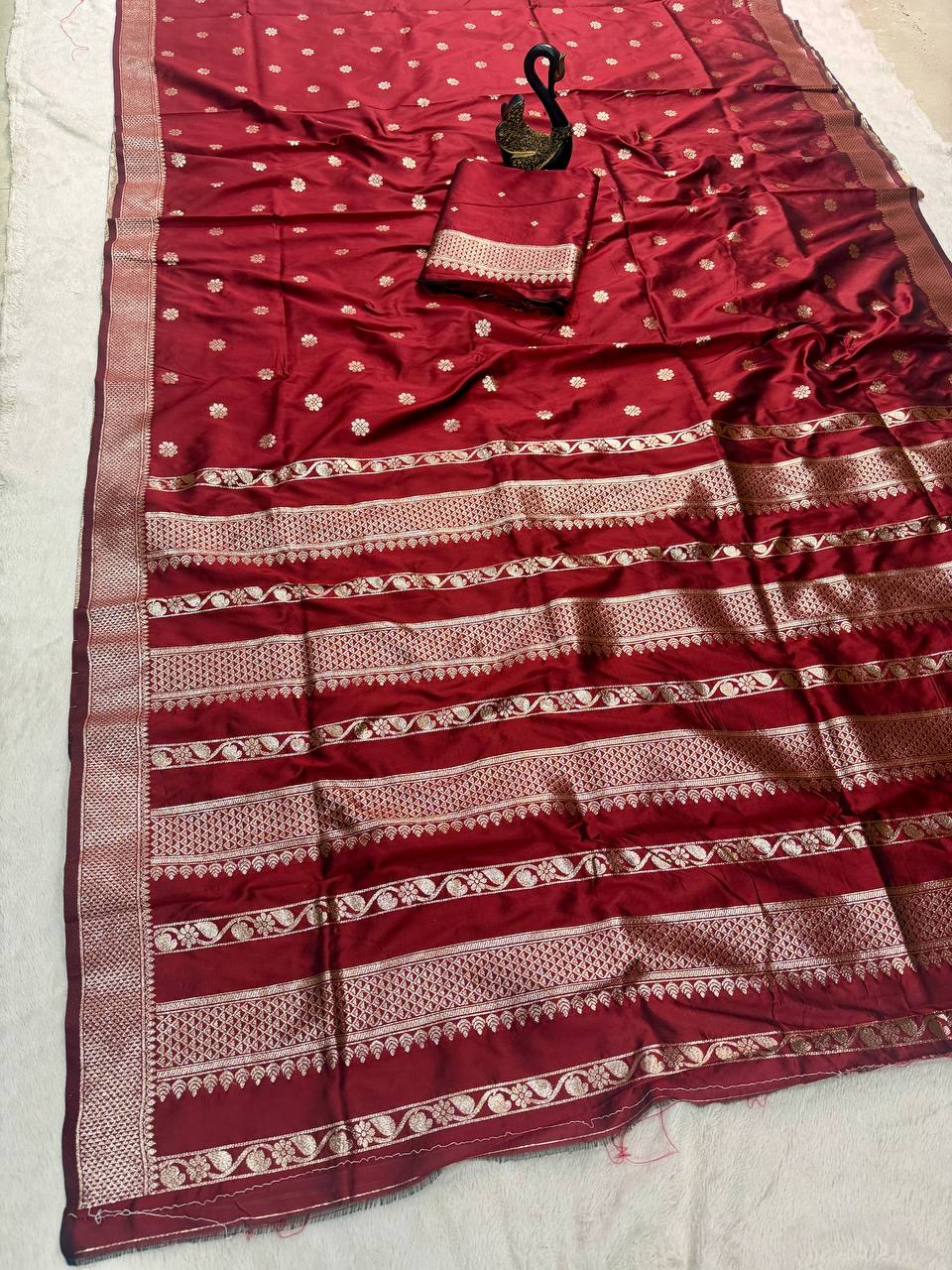 Classic Crimson Red Banarasi Silk Saree with Antique Silver Zari Floral Buttas & Royal Woven Border