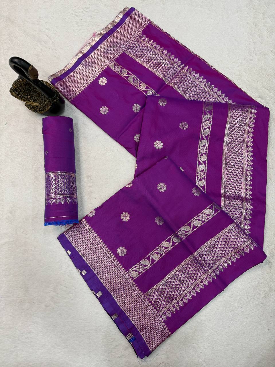 Royal Amethyst Purple Banarasi Silk Saree with Antique Silver Zari Floral Buttas & Heritage Woven Border