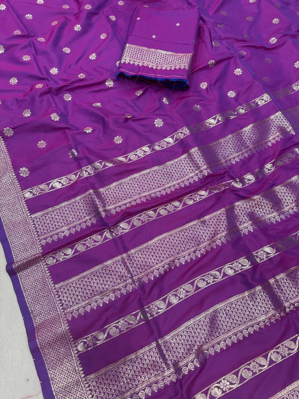 Royal Amethyst Purple Banarasi Silk Saree with Antique Silver Zari Floral Buttas & Heritage Woven Border
