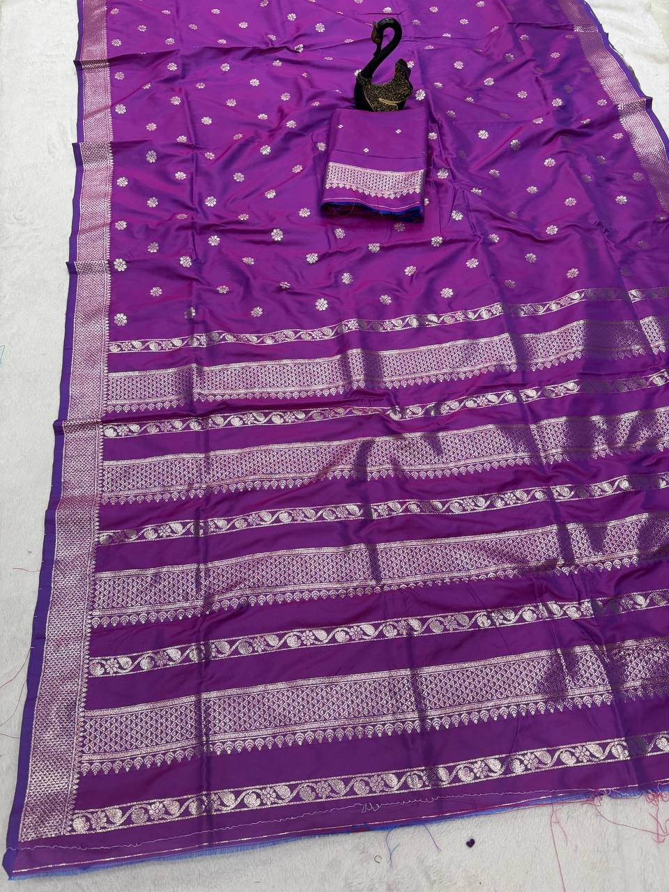 Royal Amethyst Purple Banarasi Silk Saree with Antique Silver Zari Floral Buttas & Heritage Woven Border