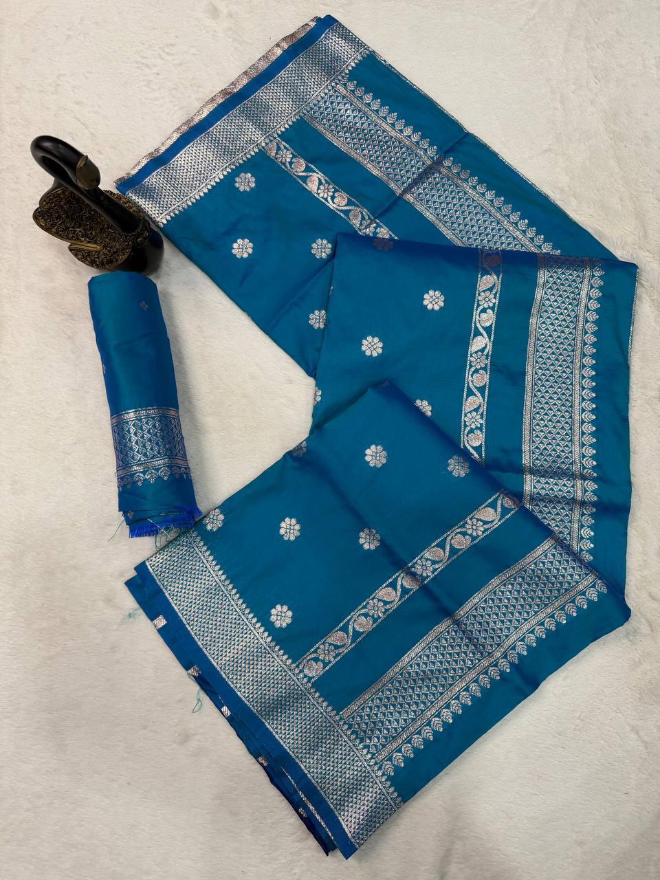 Royal Teal Blue Banarasi Silk Saree with Antique Silver Zari Floral Buttas & Traditional Heritage Border