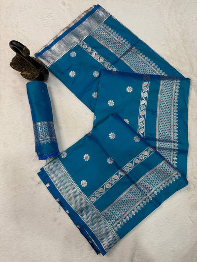 Royal Teal Blue Banarasi Silk Saree with Antique Silver Zari Floral Buttas & Traditional Heritage Border