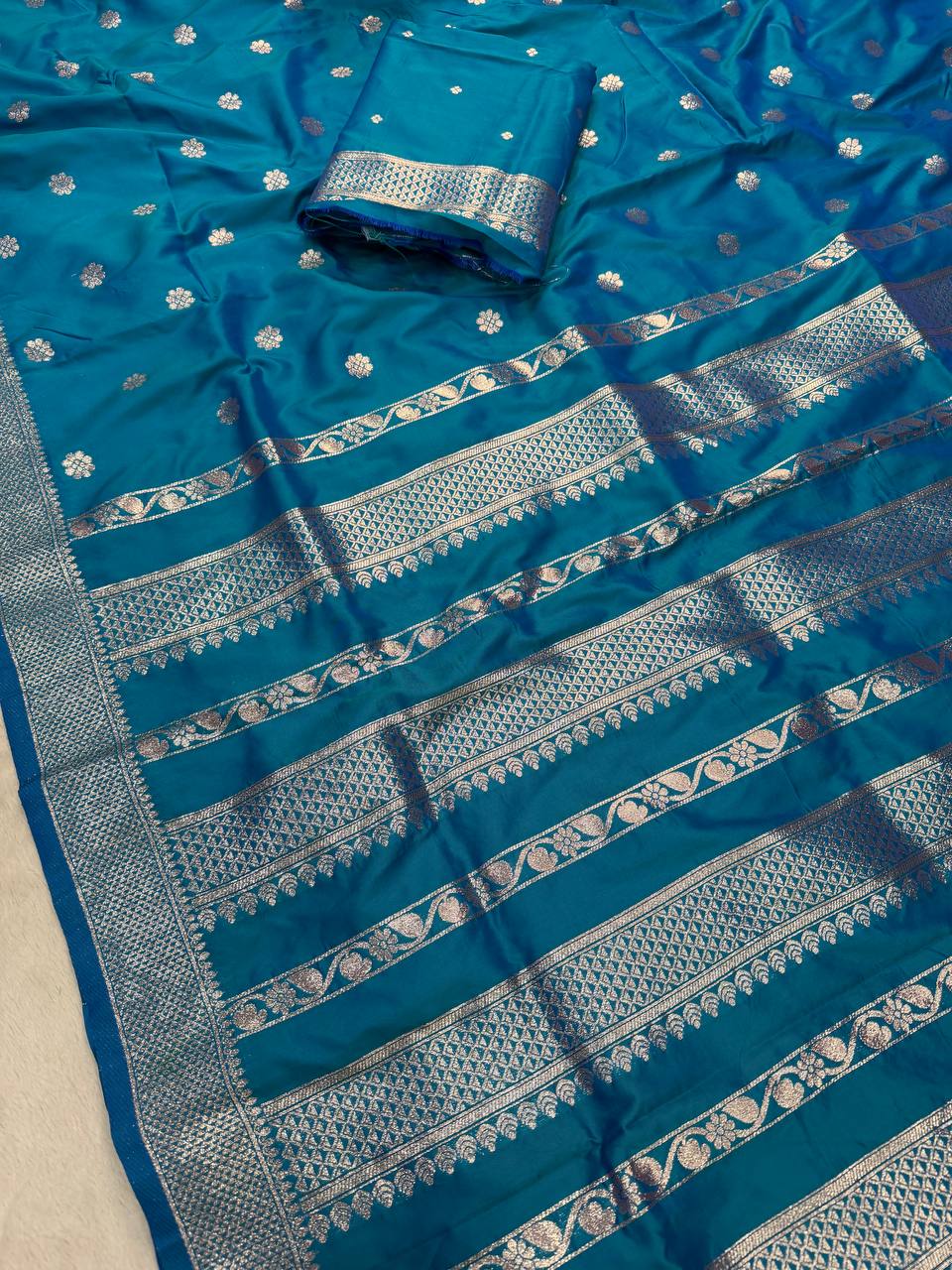 Royal Teal Blue Banarasi Silk Saree with Antique Silver Zari Floral Buttas & Traditional Heritage Border