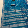 Royal Teal Blue Banarasi Silk Saree with Antique Silver Zari Floral Buttas & Traditional Heritage Border