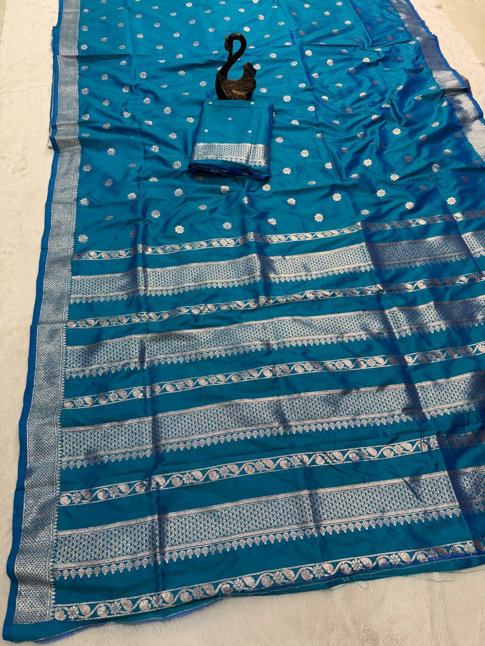 Royal Teal Blue Banarasi Silk Saree with Antique Silver Zari Floral Buttas & Traditional Heritage Border