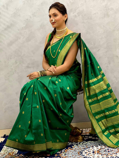 Emerald Green Banarasi Silk Saree with Gold Zari Butta Work & Regal Traditional Border