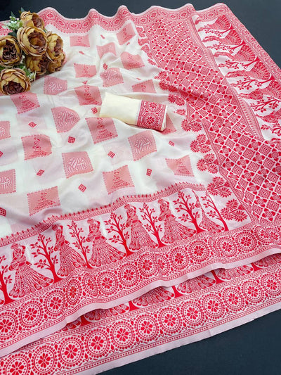 Ivory White Handblock Print Cotton Saree with Crimson Red Folk Motifs & Statement Traditional Border