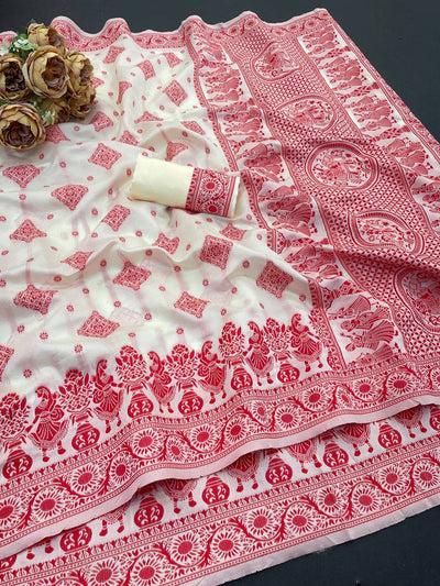 Snow White Kaju Cotton Saree with Regal Red Temple Border & Folk Art Pallu