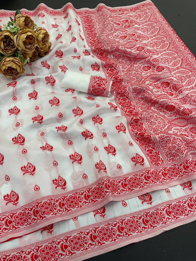 Ivory White Floral Handblock Cotton Saree with Crimson Flower Motifs & Heritage Border