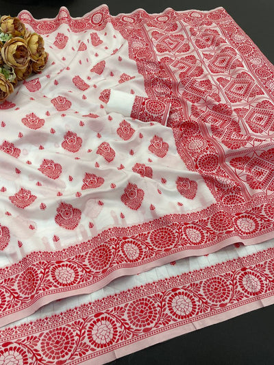 Ivory White Handblock Cotton Saree with Crimson Butta Motifs & Ornate Heritage Border