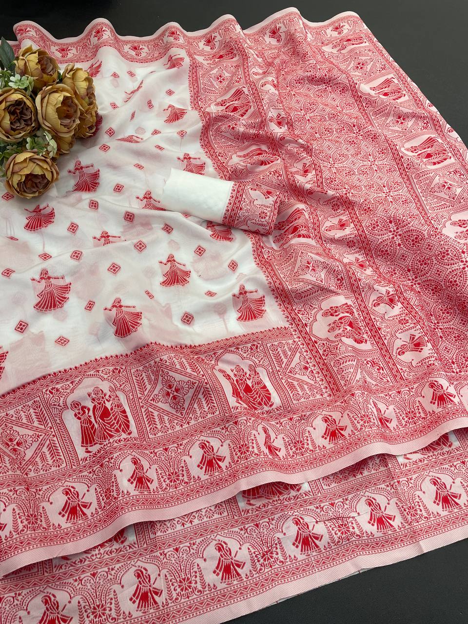 Ivory White Handblock Cotton Saree with Crimson Dancing Girls Motif & Grand Heritage Border