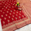 Premium Luxury Crimson Red Silk Saree with Rich Gold Zari Border & Royal Designer Pallu