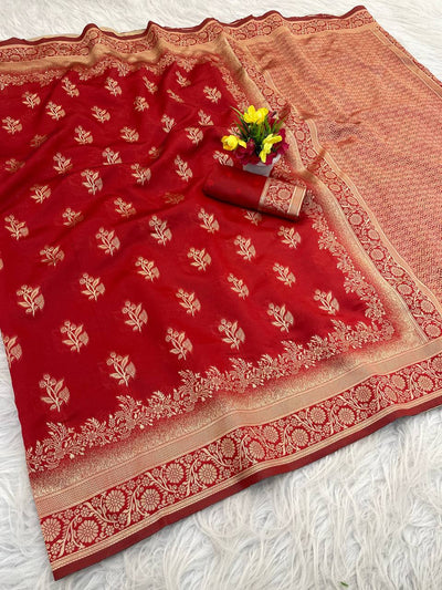 Premium Luxury Crimson Red Silk Saree with Rich Gold Zari Border & Royal Designer Pallu