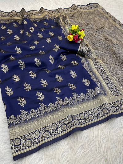 Premium Luxury Navy Blue Silk Saree with Rich Antique Gold Zari Border & Royal Designer Pallu