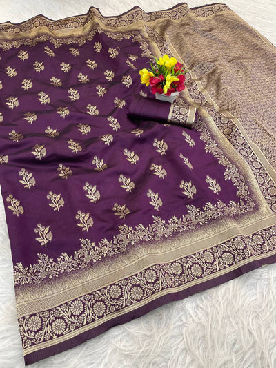 Premium Luxury Royal Purple Silk Saree with Antique Gold Zari Border & Grand Designer Pallu