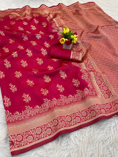 Premium Luxury Rani Pink Silk Saree with Rich Gold Zari Border & Royal Designer Pallu