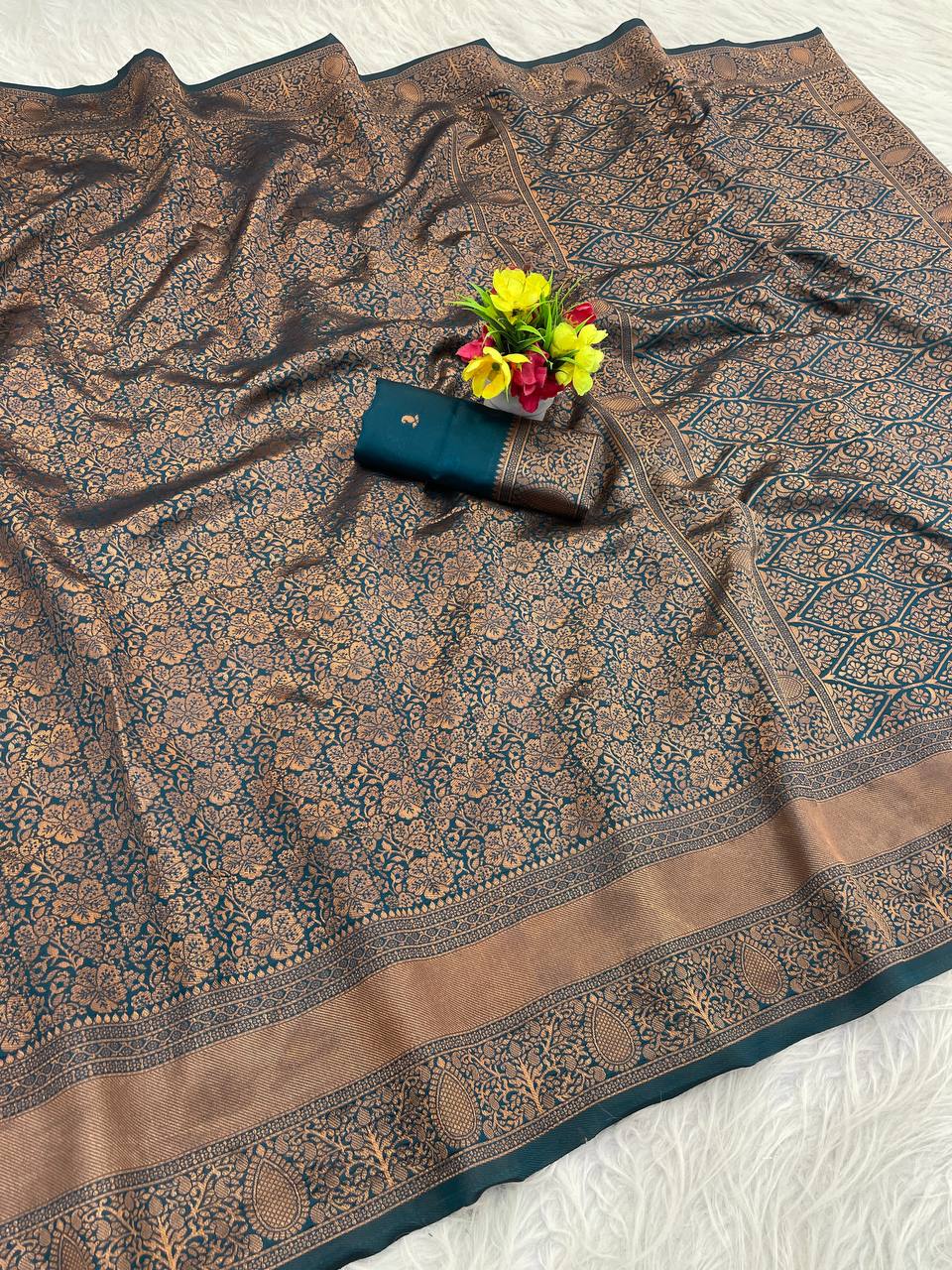Premium Luxury Teal Blue Silk Saree with All-Over Antique Gold Zari Weaving & Grand Heritage Pallu