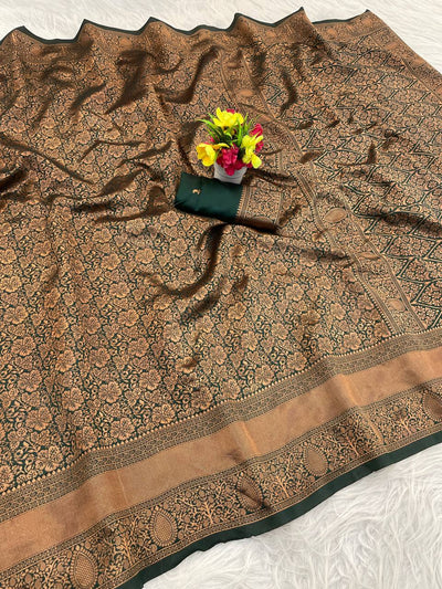 Premium Luxury Dark Green Silk Saree with All-Over Antique Gold Zari Weaving & Grand Heritage Pallu