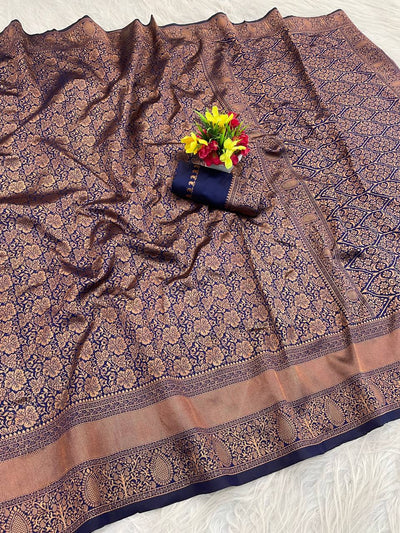 Premium Luxury Royal Blue Silk Saree with All-Over Antique Gold Zari Weaving & Grand Heritage Pallu