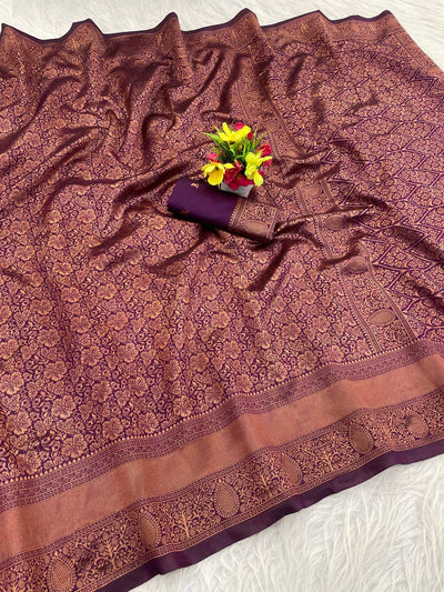 Premium Luxury Wine Purple Silk Saree with All-Over Antique Gold Zari Weaving & Grand Heritage Pallu