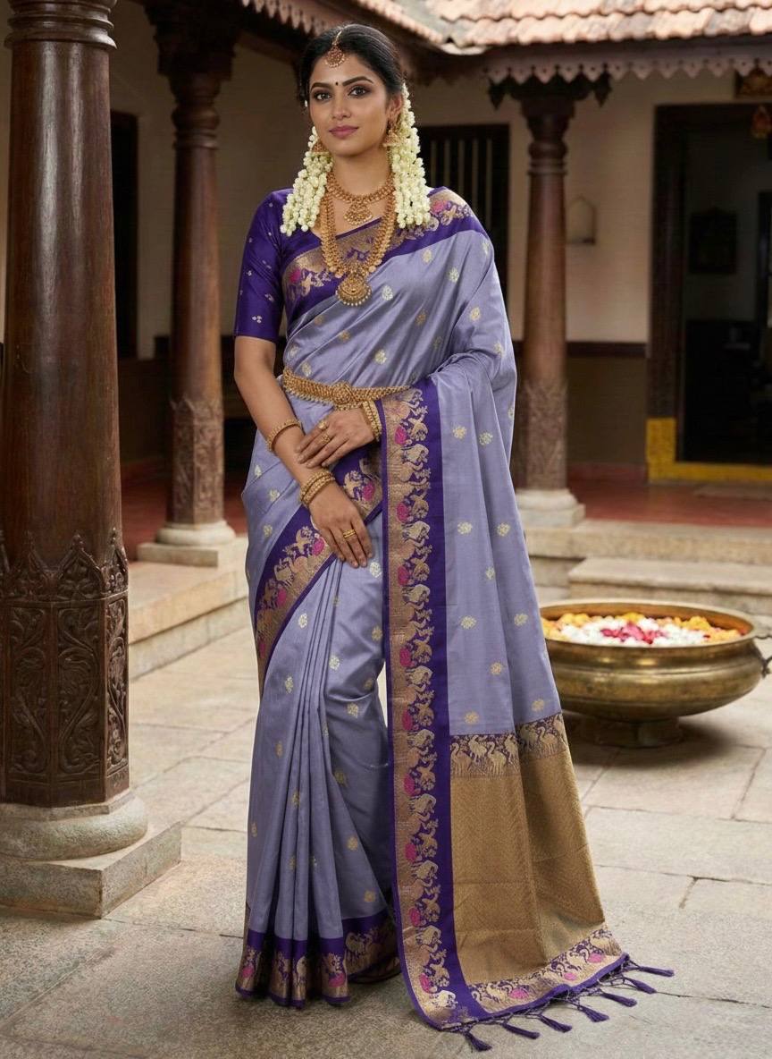Royal Lavender Purple Premium Luxury Silk Saree with Peacock-Inspired Zari Border & Antique Gold Pallu