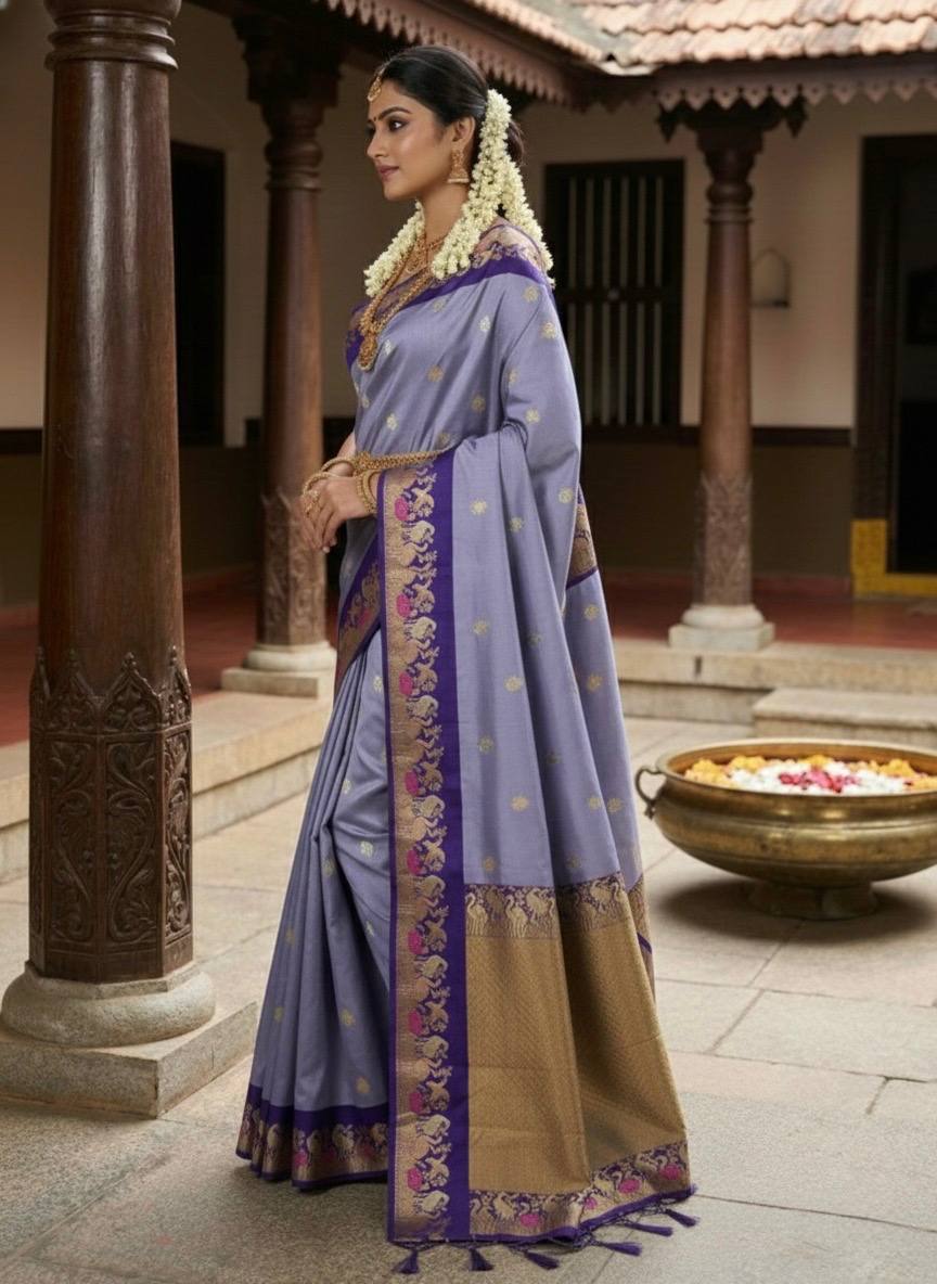 Royal Lavender Purple Premium Luxury Silk Saree with Peacock-Inspired Zari Border & Antique Gold Pallu