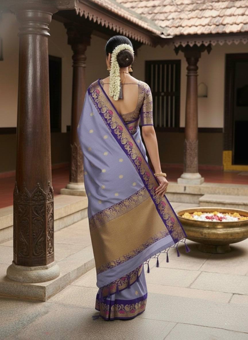 Royal Lavender Purple Premium Luxury Silk Saree with Peacock-Inspired Zari Border & Antique Gold Pallu