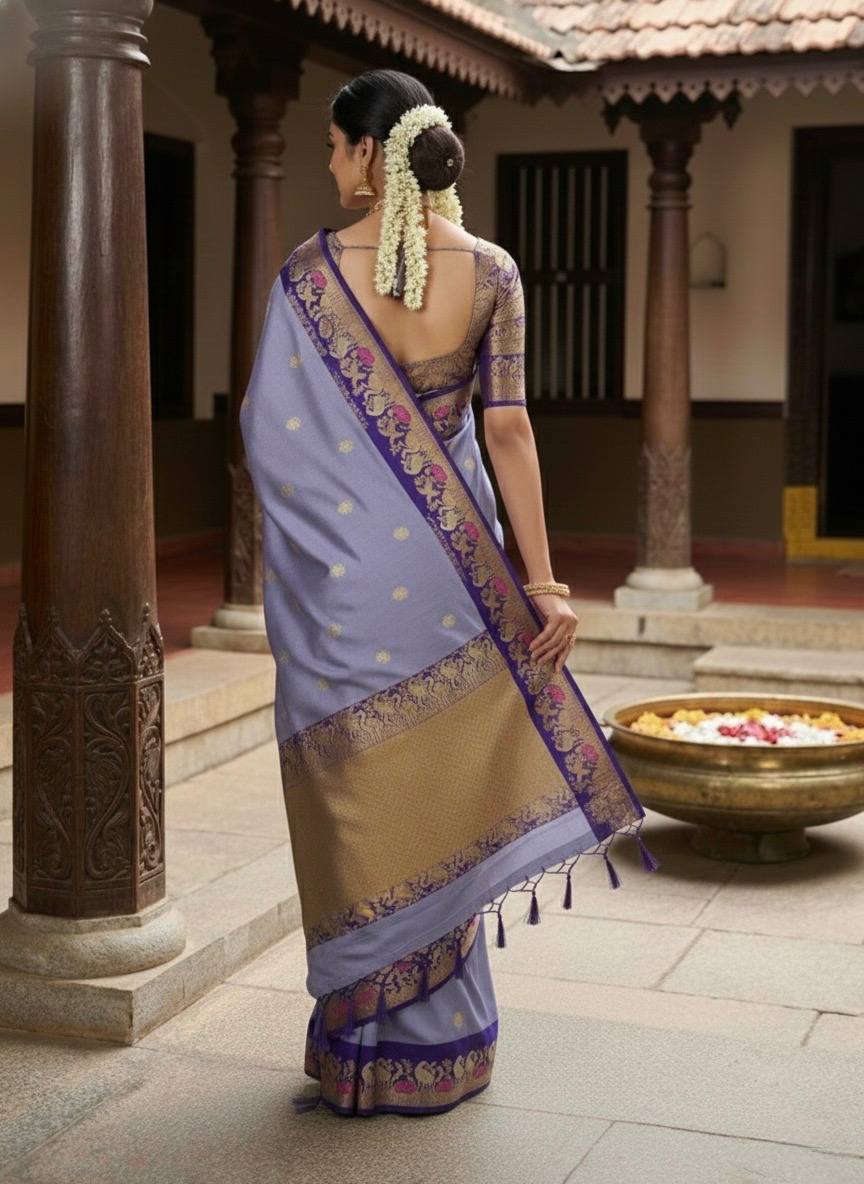 Royal Lavender Purple Premium Luxury Silk Saree with Peacock-Inspired Zari Border & Antique Gold Pallu