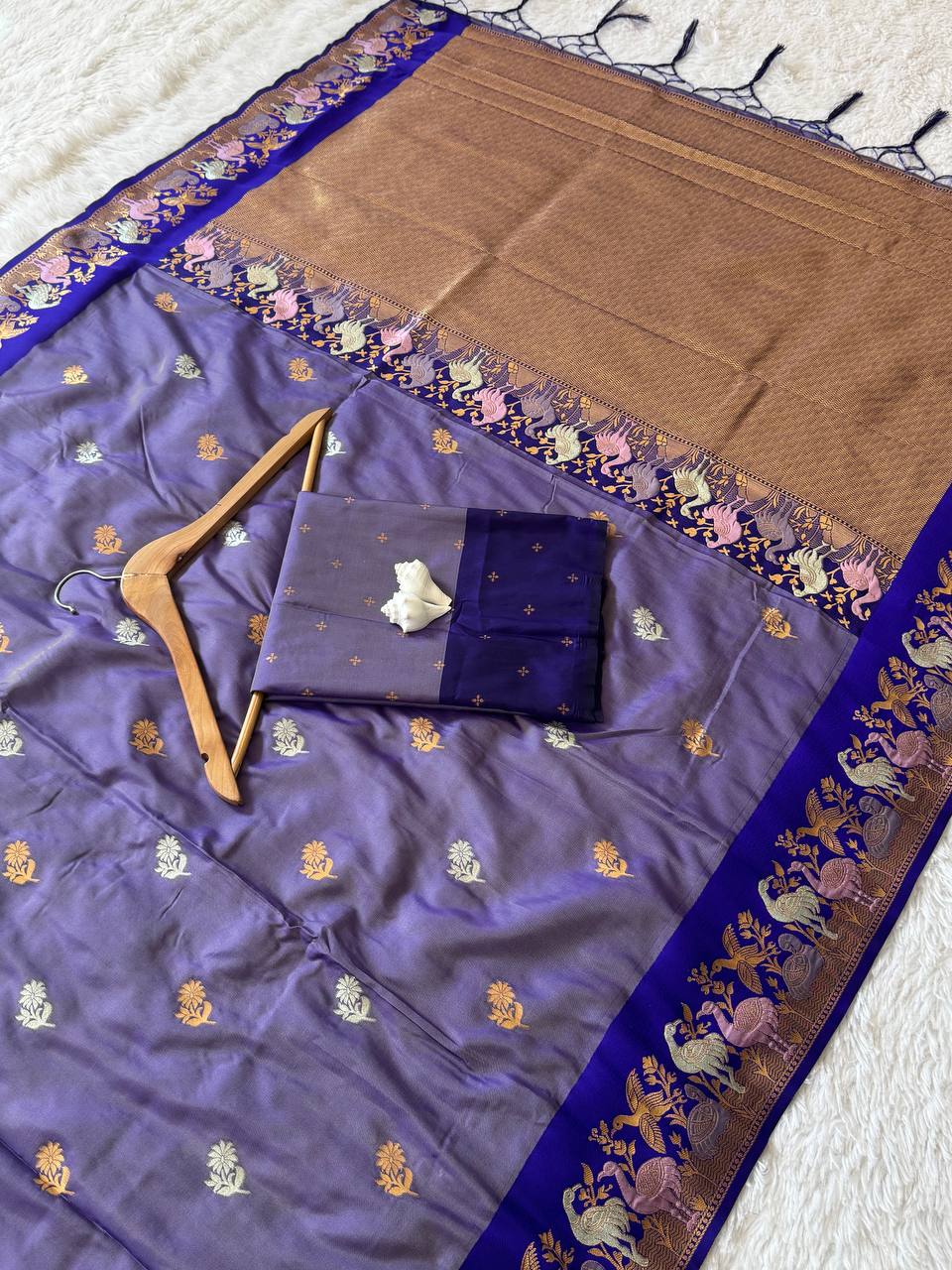 Royal Lavender Purple Premium Luxury Silk Saree with Peacock-Inspired Zari Border & Antique Gold Pallu