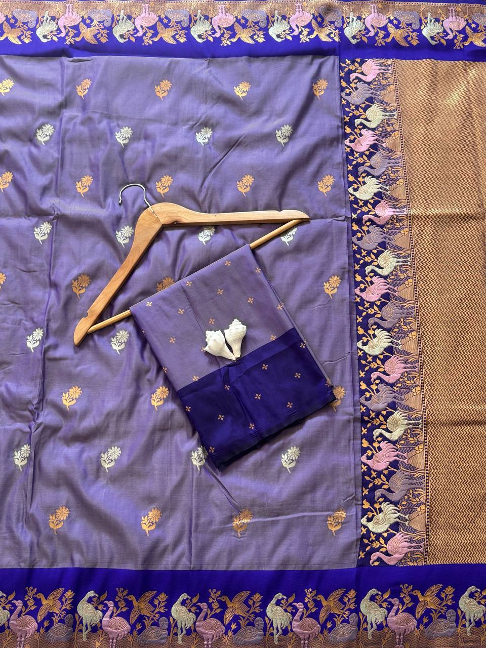 Royal Lavender Purple Premium Luxury Silk Saree with Peacock-Inspired Zari Border & Antique Gold Pallu