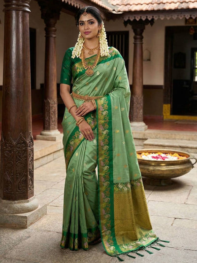Emerald Green Premium Luxury Silk Saree with Peacock Zari Border & Regal Antique Gold Pallu