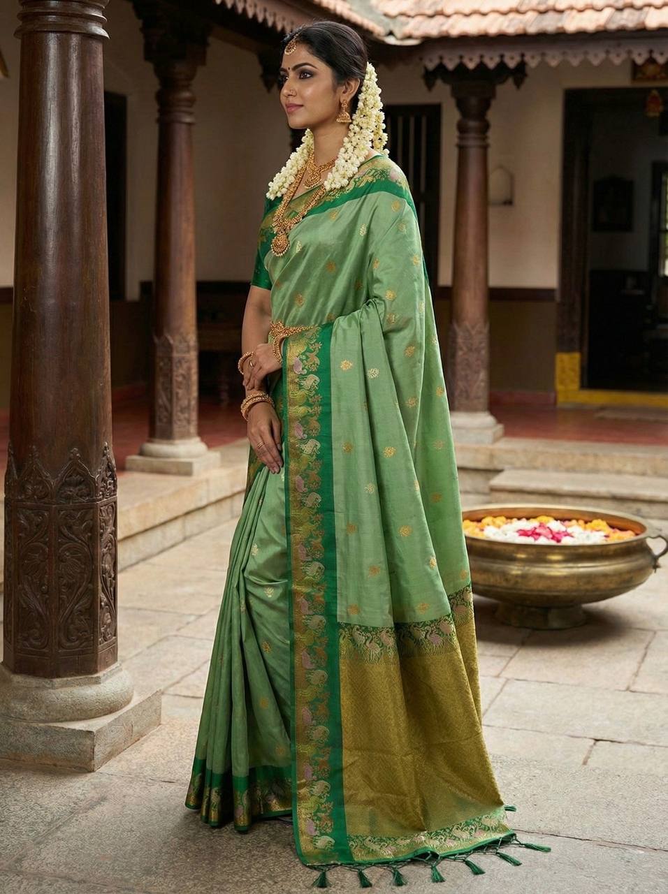 Emerald Green Premium Luxury Silk Saree with Peacock Zari Border & Regal Antique Gold Pallu